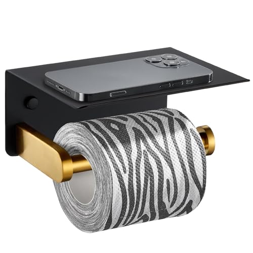 Suyar Toilettenpapierhalter mit Ablage, 304 Edelstahl Badezimmer Toilettenpapierrollenhalter mit Telefonablage, Wandmontage, Schwarz & Gold Suyar Toilettenpapierhalter mit Ablage, 304 Edelstahl Badezimmer Toilettenpapierrollenhalter mit Telefonablage, Wandmontage, Schwarz & Gold von Suyar