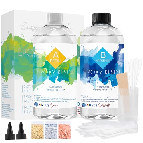 Epoxidharz Set 1L/35.2oz Epoxidharz mit Härter 1: 1 Verhältnis Glasklar Gießharz mit Goldfolie, Handschuh, Messbecher, Holzstäbchen, Pipetten, Tropfdüse Harz Gießen Set für Holz, Schmuckherstellung von Suzzam