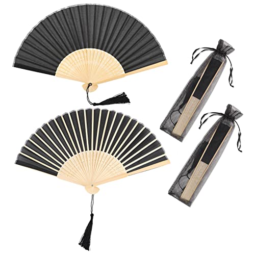 2 Stück Faltfächer mit Fransen aus Seide, Handfächer, tragbar, 21 x 38 cm, faltbar, für Hochzeitsfächer, Tanz etc. (Black2) von Svalor