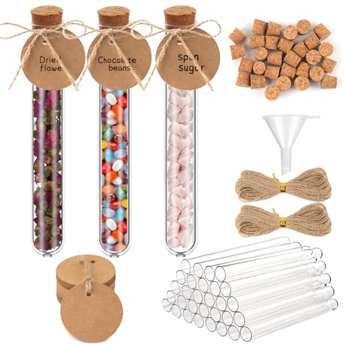 30 Stück Reagenzglas mit Korken, 16x100mm Reagenzglas Kunststoff, Transparent Reagenzgläser mit 50 Stück Kraftpapieranhänger, 20m Hanfseil und 1 Trichter für Liquids Bonbons Spices Hochzeit Deko von Svalor
