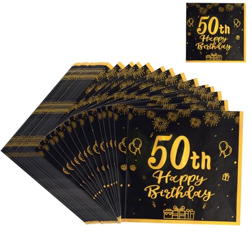 40 Stück 50 Geburtstagsdeko Servietten,Schwarz Gold Happy Birthday Servietten,33cm x 33cm Papierservietten,Papier Party Servietten für 50. Geburtstag Mann Frau,Tischdeko zum 50. Geburtstag von Svalor