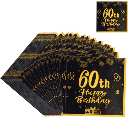 40 Stück 60 Geburtstagsdeko Servietten,Schwarz Gold Happy Birthday Servietten,33cm x 33cm Papierservietten,Papier Party Servietten für 60. Geburtstag Mann Frau,Tischdeko zum 60. Geburtstag von Svalor