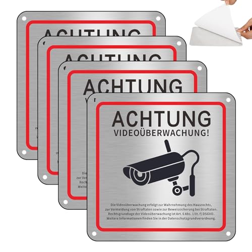 Videoüberwachung Schild,4 STK Schild Videoüberwachung Privatgrundstück, Selbstklebend & Vorgebohrt Aluminium Achtung Videoüberwachung Schilds, 15×15 CM Schilds Kameraüberwachung für Überwachungskamera von Svalor