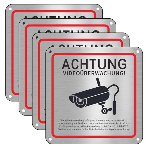Videoüberwachung Schild, 4 Stück Schild Videoüberwachung Privatgrundstück, 15x15cm Aluminium Achtung Videoüberwachung Schild, Schild Kameraüberwachung für Überwachungskamera Oder Kamera Attrappe von Svalor