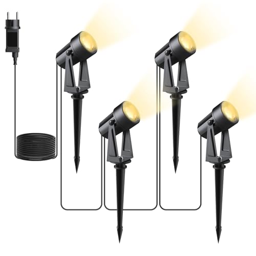Svater LED Gartenbeleuchtung mit Strom,14M/4er Set Strahler Außen Warmweiß 3000K,Wasserdicht IP65 Gartenstrahler Led Außen,27V 600lm Gartenlampen für Draußen, Terrasse, Einfahrt von Svater