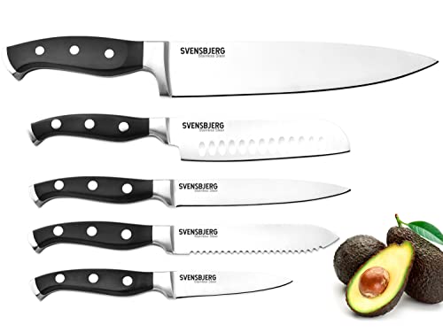 Svensbjerg Küchenmesser Set, 5-tlg, Kochmesser Profi Messer, Küchenmesser Scharf, Scharfe Messer, Griffe Klassisch mit Schwarzem ABS Kunststoff | Obst, Gemüse, Fleisch | SB-KS201 von Svensbjerg