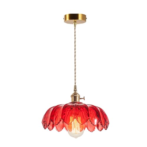 Svetilnikya Industrial Vintage Pendellampe, Retro E27 Messing Finish mit Glas Lotus Lampenschirm Glas Hängelampe für Kücheninsel Schlafzimmer Esszimmer Wohnzimmer (Rot) von Svetilnikya