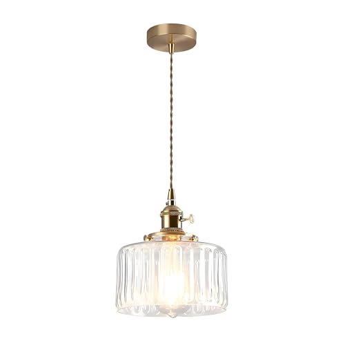 Svetilnikya Vintage Glas Pendelleuchte, E27 lampenfassung mit Glas Lampenschirm Retro Hängeleuchte mit Beschläge aus Messing Glas Hängelampe für Kücheninsel Schlafzimmer Esszimmer (Klar, Rippenglas) von Svetilnikya