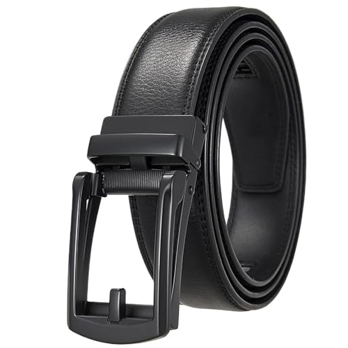 3,5 cm Herrengürtel aus echtem Leder mit automatischer Metallschnalle, passend for Freizeit- und Geschäftskleidung(105cm,Black buckle Black) von Svincoter