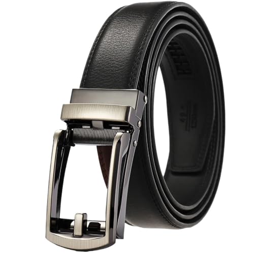 3,5 cm Herrengürtel aus echtem Leder mit automatischer Metallschnalle, passend for Freizeit- und Geschäftskleidung(120cm,Silver buckle Black) von Svincoter