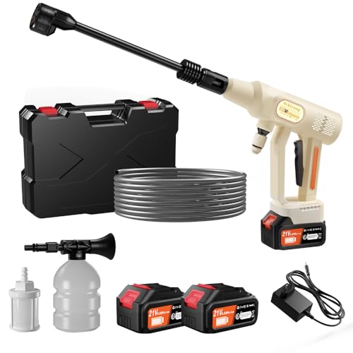 Akku Hochdruckreiniger 21V, Tragbarer Hochdruckreiniger Akku mit 2x4000mAh Akkus, 6-in-1 Multifunktionsdüse, 5 Meter Schlauch, Hochdruckreiniger Pistole für Auto, Garten, Rasen von Svkiyang