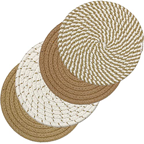 Svkiyang 4 Stück Topfuntersetzer Set Untersetzer Baumwolle Faden Weben Matte Heißer Topf Halter Topflappen,4 Farben Runde Geflochtene Untersetzer Topf Heiß Pads Löffelablage zum Kochen in Küche… von Svkiyang