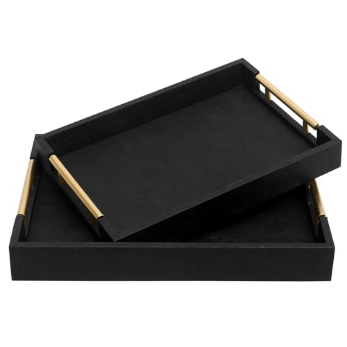 SwallowLiving Shagreen Serviertablett mit goldfarbenen polierten Metallgriffen, schwarzes dekoratives Holztablett aus PU-Leder mit gebürstetem Gold für Couchtisch, Ottomane, Konsole, Tischdekoration, SwallowLiving Shagreen Serviertablett mit goldfarbenen polierten Metallgriffen, schwarzes dekoratives Holztablett aus PU-Leder mit gebürstetem Gold für Couchtisch, Ottomane, Konsole, Tischdekoration, von SwallowLiving