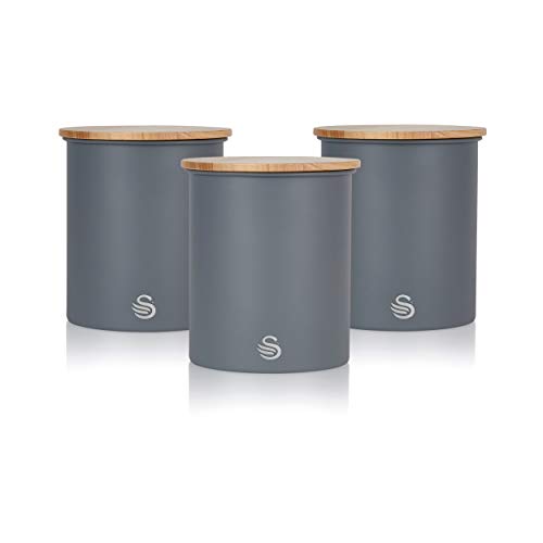 Swan Nordic 3er-Set Küchenvorratsdosen aus Robustem Karbonstahl, Bambusdeckel, für Tee, Kaffee und Zucker, Modernes Design, Grau, Einheitsgröße von Swan