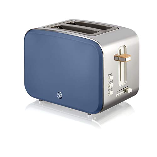 Swan Nordic Breitschlitz-Toaster für 2 Scheiben, 3 Funktionen, 6 Bräunungsstufen, modernes Design, Edelstahl, Griff in Holzoptik, Blau matt von Swan