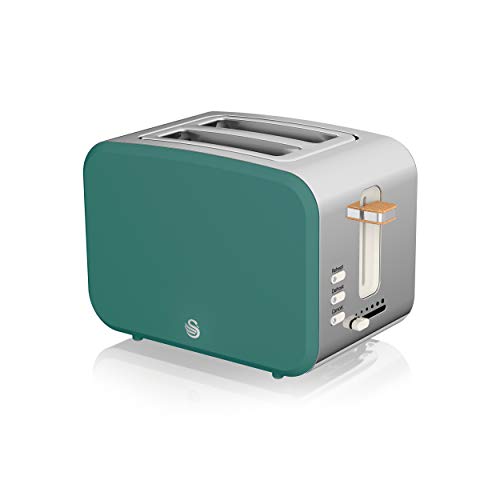Swan Nordic Breitschlitz-Toaster für 2 Scheiben, 3 Funktionen, 6 Bräunungsstufen, modernes Design, Edelstahl, Griff in Holzoptik, mattgrün von Swan