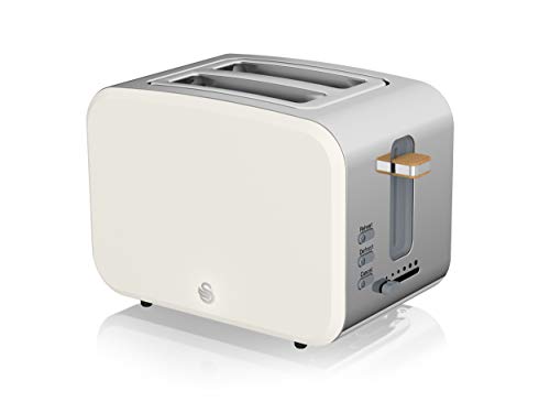 Swan Nordic Breitschlitz-Toaster mit 2 Scheiben, 3 Funktionen, 6 Bräunungsstufen, modernes Design, Edelstahl, Griff in Holzoptik, weiß matt von Swan