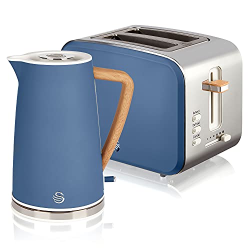 Swan Nordic Frühstücks-Set, kabellos, 1,7 l, 2200 W, Toaster mit breitem Schlitz, 2 Scheiben, 3 Funktionen, modernes Design, Holzoptik, Blau matt von Swan