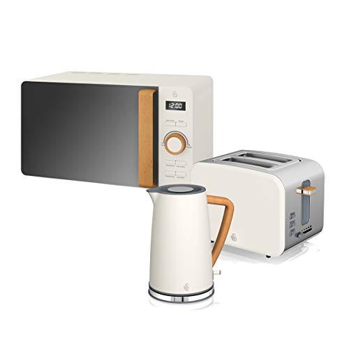 Swan Nordic Frühstücksset Wasserkocher 1,7 l, 2200 W, Brot-Toaster mit Breitschlitz, 2 Scheiben, Mikrowelle 20 l, Digital, Modernes Design, Holzeffekt, Weiß von Swan