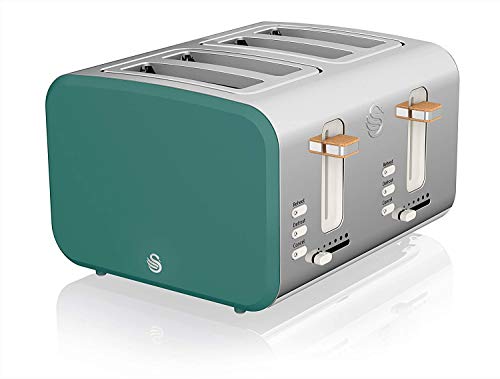 Swan Nordic Toaster mit Breitschlitz, 4 Scheiben, 3 Funktionen, 6 Bräunungsstufen, modernes Design, Edelstahl, Holzgriff, grün von Swan