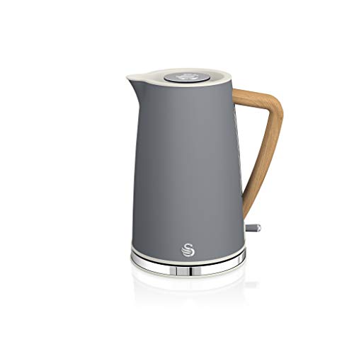 Swan Nordic Ultra Schneller elektrischer Wasserkocher, kabellos, modernes Design, 1,7 l, 2200 W, Griff in Holzoptik, automatische Abschaltung, Grau von Swan