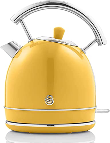 Swan Retro Elektrischer Wasserkocher 1,8 Liter, Vintage Design, Abschaltautomatik, Kabellos, BPA-freier Edelstahl, 3000 W, Gelb von Swan