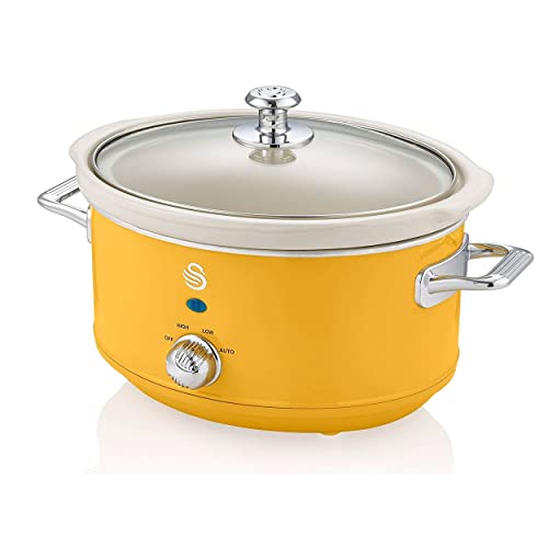 Swan Retro SF17021YELNEU Slow Cooker 3,5L Abnehmbarer Kochbehälter, PFOA- und PTFE-freier Keramischer Antihaft-Behälter, 3 Temperaturstufen, Glasdeckel, Vintage-Design, Gelb, 200W von Swan