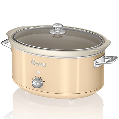 Swan Retro SF17031CNEU Slow Cooker 6,5L Abnehmbarer Kochbehälter, PFOA- und PTFE-freier Keramischer Antihaft-Behälter, 3 Temperaturstufen, Glasdeckel, Vintage-Design, Creme, 320W von Swan