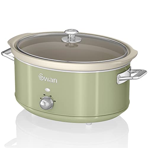 Swan Retro SF17031GNEU Slow Cooker 6,5L Abnehmbarer Kochbehälter, PFOA- und PTFE-freier Keramischer Antihaft-Behälter, 3 Temperaturstufen, Glasdeckel, Vintage-Design, Grün, 320W von Swan