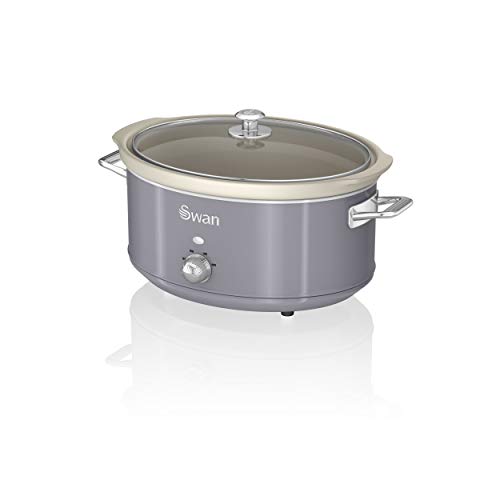 Swan Retro SF17031GRN Slow Cooker 6,5L Abnehmbarer Kochbehälter, PFOA- und PTFE-freier Keramischer Antihaft-Behälter, 3 Temperaturstufen, Glasdeckel, Vintage-Design, Grau, 320W von Swan