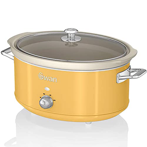 Swan Retro SF17031YELNEU Slow Cooker 6,5L Abnehmbarer Kochbehälter, PFOA- und PTFE-freier Keramischer Antihaft-Behälter, 3 Temperaturstufen, Glasdeckel, Vintage-Design, Gelb, 320W von Swan