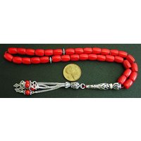 Luxus Gebetskette Sorgenperlen Tesbih Rote Korallen Barrel Perlen Und Sterling Silber von SwanCollection