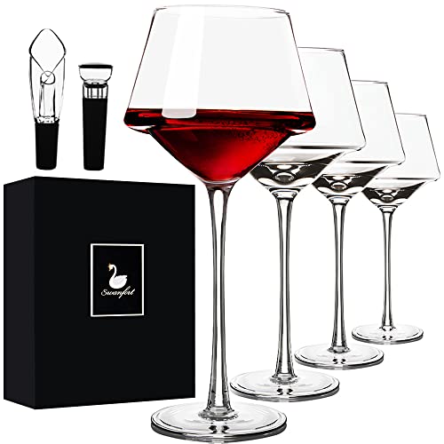 Swanfort Rotweingläser Set von 4 mit Weinbelüfter Ausgießer und Vakuum-Weinverschluss, mundgeblasene Kristallweingläser mit Stiel, einzigartiges Design in Geschenkbox für alle Zwecke, 411 ml von Swanfort