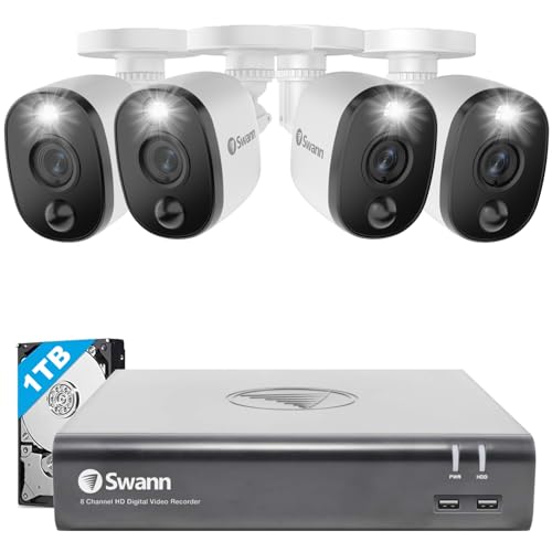 Swann 4-Kanal-4-Kamera-Sicherheitssystem, kabelgebundene Überwachung, 1080p, HD, DVR, 1 TB, HDD, Audio-Aufnahme, wetterfest, Farb-Nachtsicht, Wärme- und Bewegungsmelder, Alexa + Google, SWDVK-445804WL von Swann