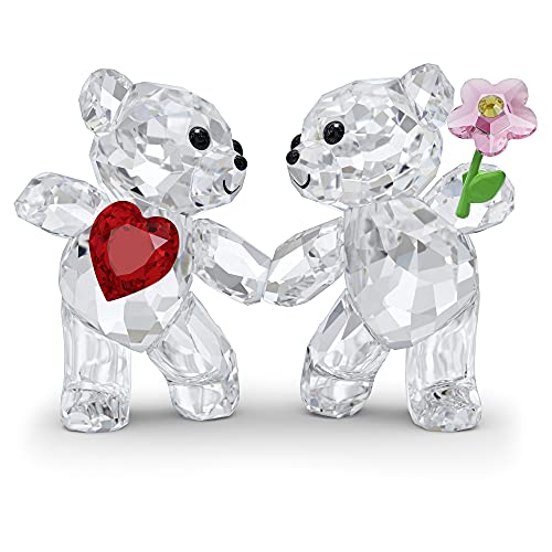 SWAROVSKI Kris Bears Happy Together Figuren-Set, klarer Kristall mit rotem Herz und rosa Blumen-Akzent, Teil Kris Bears Kollektion von SWAROVSKI
