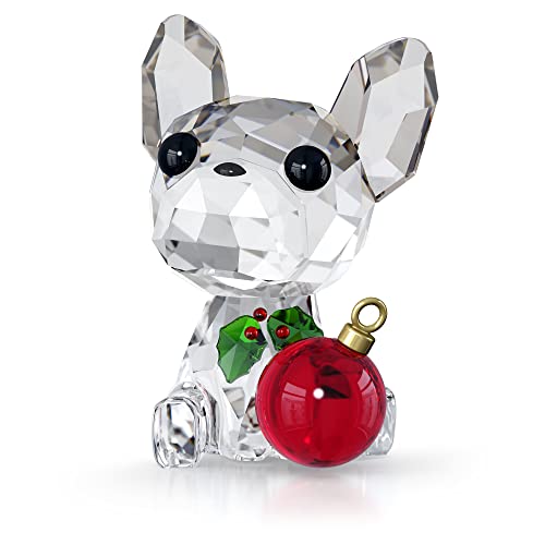 Swarovski Holiday Cheers Mops, Weihnachtliches Ornament mit Schwarzen, Grünen und Klaren Kristallen sowie Roten und Goldenen Details von Swarovski