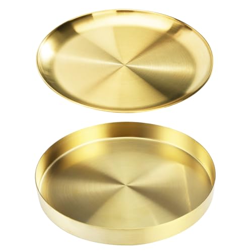 Swavitie 2 Stück Rundes Tablett aus Edelstahl Gold 20cm Durchmesser 2 Stile Servier Tablett Serviertablett und Platzteller Goldfarben Kerzentablett Ablageschale Deko Tablett für Bar Küche Badezimmer von Swavitie