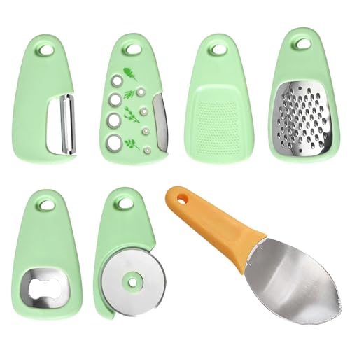 Swavitie 7 in 1 Tragbare Küchenhelfer, Küche Gadgets Set 7-teilig, Obst Gemüseschäler Pizzaschneider Käsereibe Flaschenöffner Sparschäler Knoblauch Ingwermühle Camping Küchen Zubehör von Swavitie