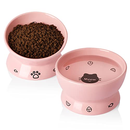 SWEEJAR Erhöhte Katzennäpfe Set, geneigter Futternapf und Tiefer Wassernapf, Stressfreie erhöhte Katzenfutternäpfe, Schützen Sie die Wirbelsäule der Katze, 2er Set (Rosa) von Sweejar Home