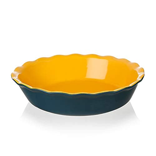 Sweejar Home Keramik-Kuchenform zum Backen, 26 cm runde Auflaufform für Abendessen, antihaftbeschichtete Kuchenplatte mit weichem Wellenrand für Apfelkuchen, Kürbiskuchen, Topfkuchen (Blau/Gelb) von Sweejar Home