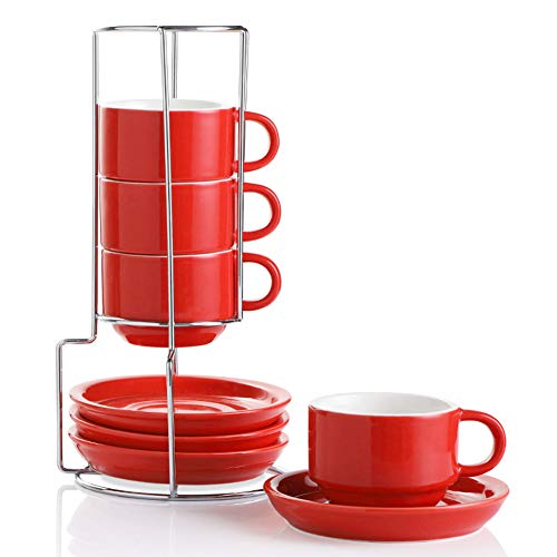 SWEEJAR Home Porzellan Espressotassen mit Untertassen, 120 ml stapelbare Cappuccinotassen mit Metallständer für Kaffeegetränke, Latte, Tee - 4er Set (rot) von Sweejar Home