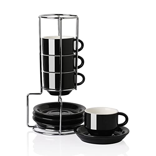 Sweejar Home Porzellan Espressotassen mit Untertassen, 70 ml stapelbare Cappuccinotassen mit Metallständer für Kaffeegetränke, Latte, Tee - 4er Set (Schwarz) von Sweejar Home