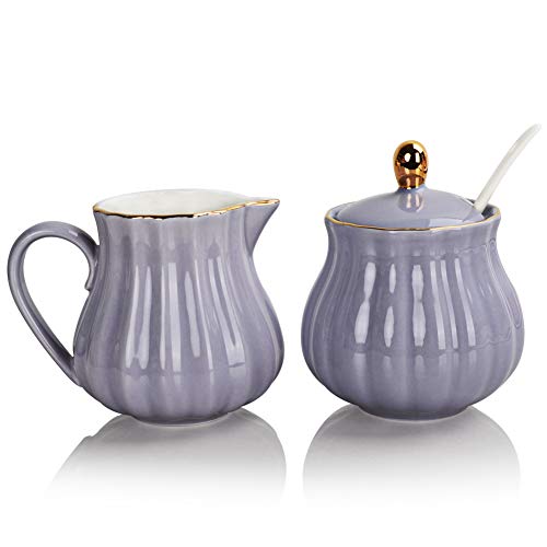 SWEEJAR Royal Ceramic Zucker- und Sahnekännchen-Set, 3-teiliges Set mit Sahnekännchen, Zuckerdose, Zuckerset mit Deckel und Löffel, Kaffeeservierset, Hochzeitsgeschenk (Lila) von Sweejar Home