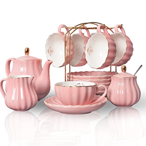 Sweejar Home 22 Stück Europäischen Stil Teeservice, Teetasse und Untertasse Set, Keramik Kaffeeset, Teeset Royal Family aus Porzellan, für 6 Personen, 225 ml-Tassen rose von Sweejar Home