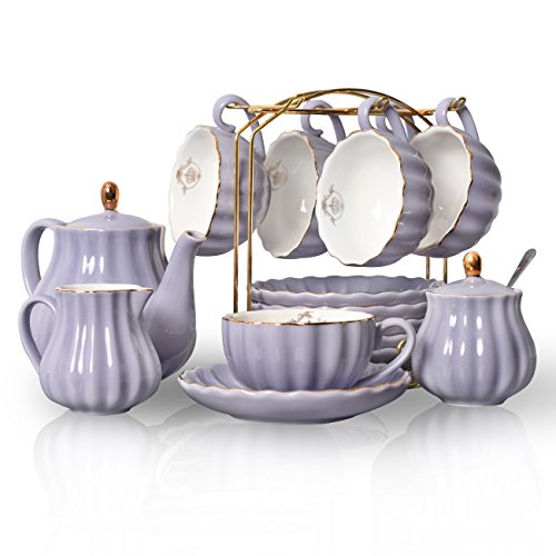 Sweejar Home 22 Stück Europäischen Stil Teeservice, Teetasse und Untertasse Set, Keramik Kaffeeset, Teeset Royal Family aus Porzellan, für 6 Personen, 225 ml-Tassen violett von Sweejar Home