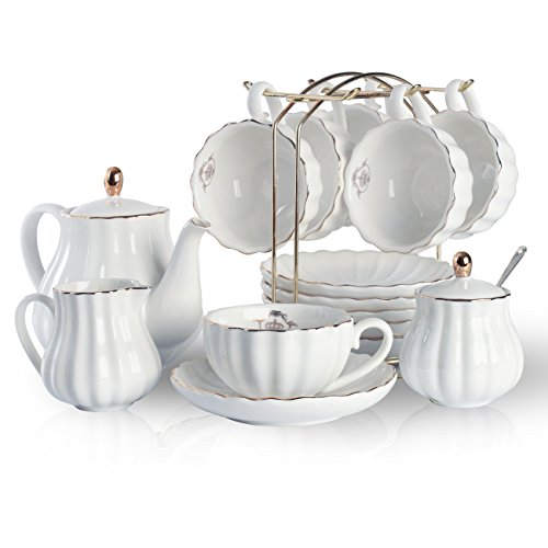 Sweejar Home 22 Stück Europäischen Stil Teeservice, Teetasse und Untertasse Set, Keramik Kaffeeset, Teeset Royal Family aus Porzellan, für 6 Personen, 225 ml-Tassen weiß von Sweejar Home