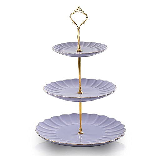 Sweejar Home 3-stöckiger Keramik-Kuchenständer, Etagere für Hochzeit, Dessert, Cupcake-Ständer für Teepartys, Lebensmittel-Servierer (lila) von Sweejar Home