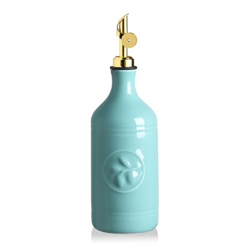 Sweejar Home 460 ml Keramik-Olivenölspenderflasche, Ölspender für die Küche mit Schwerkraftausguss, deckender Essigbehälter für Evoo, Sojasauce, 1 Packung (Türkis, Goldausguss) von Sweejar Home