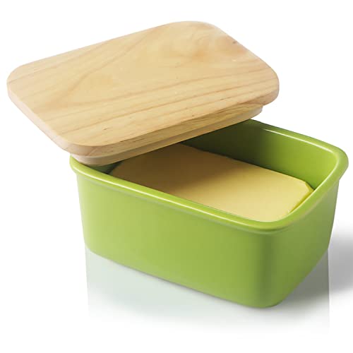 Sweejar Home Butterdose aus Porzellan mit Deckel, luftdichter großer Butterbehälter mit Holzdeckel, Butterbehälter perfekt für 2 Stangen Butter West oder East Coast Butter (Grün) von Sweejar Home