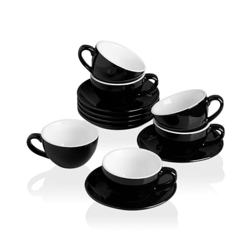 Sweejar Home Cappuccinotassen-Set aus Keramik, 120 ml, Espressotassen, Porzellantasse und Untertasse, Teetassen-Set für spezielle Kaffeegetränke, Latte, Americano, 6 Stück (schwarz) von Sweejar Home